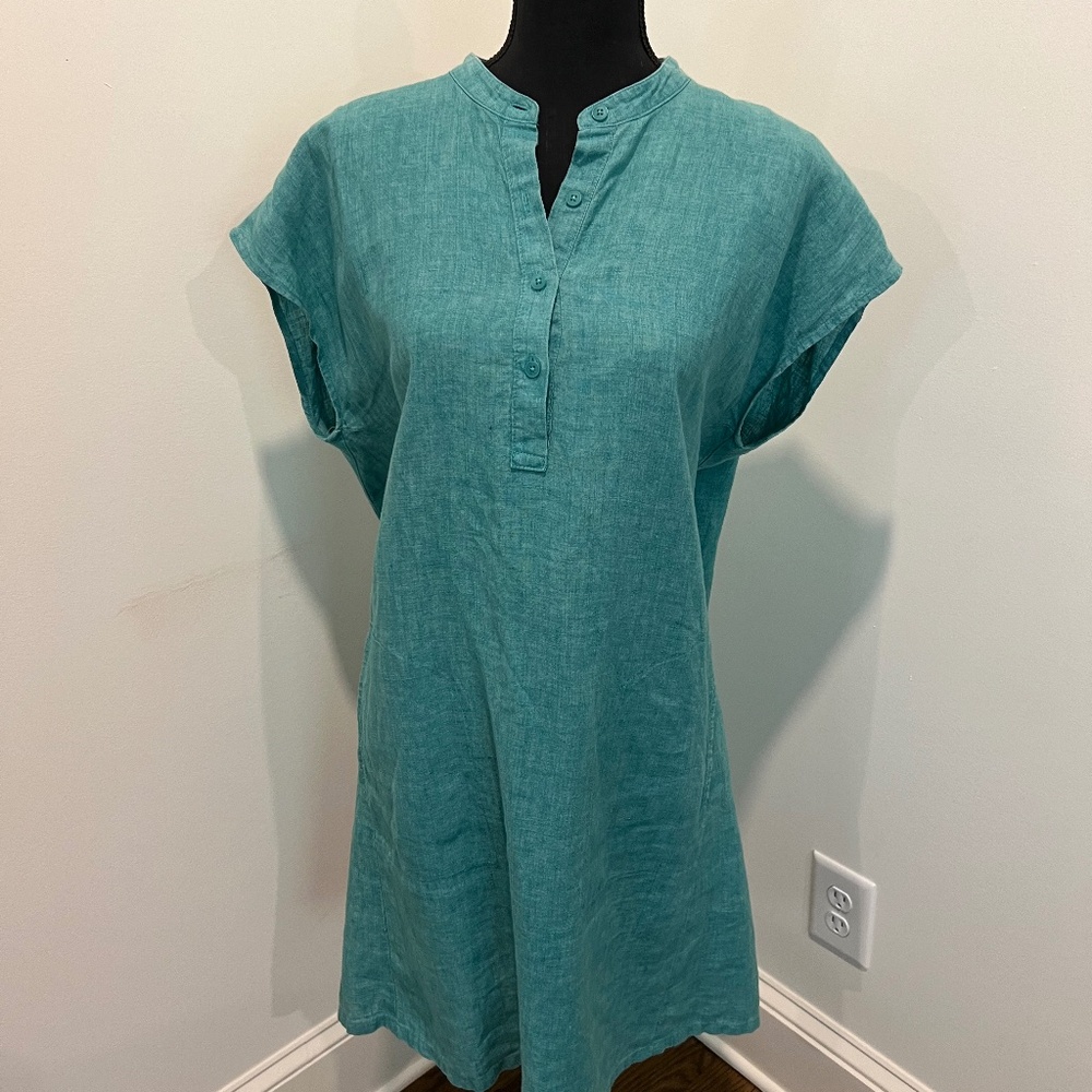 Eileen Fischer linen shift dress , Teal Green, Size Large